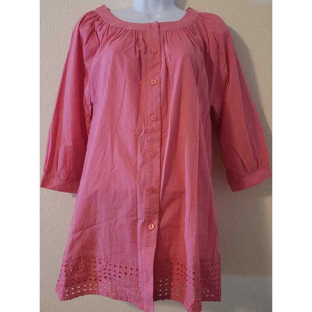 Susan Graver Pink Tunic Smock Button Up Women's Shirt XS Cotton Eyelet Hem